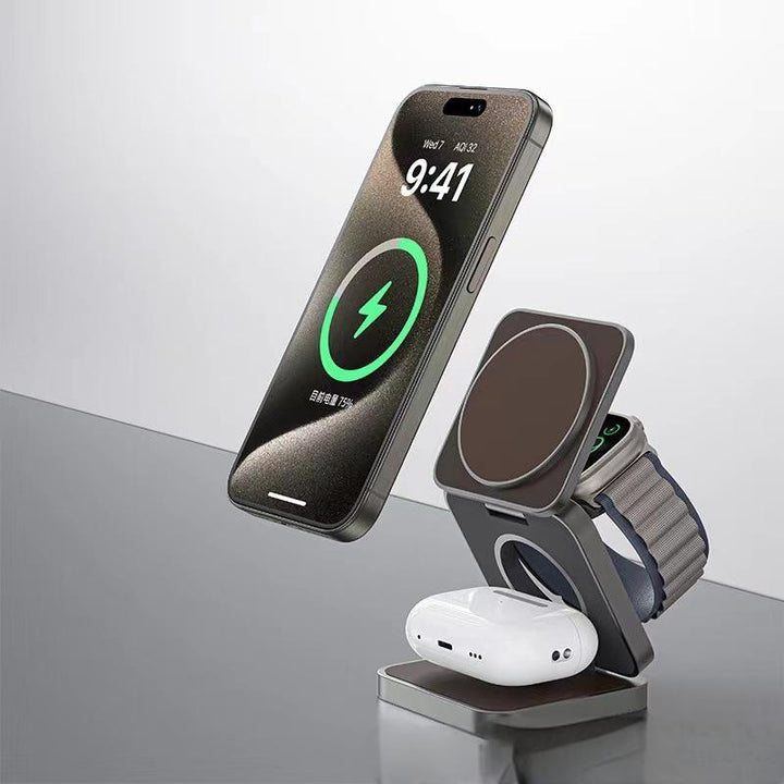 Three in one wireless charger with foldable magnetic suction suitable for iPhone wireless charging, phone holder desktop