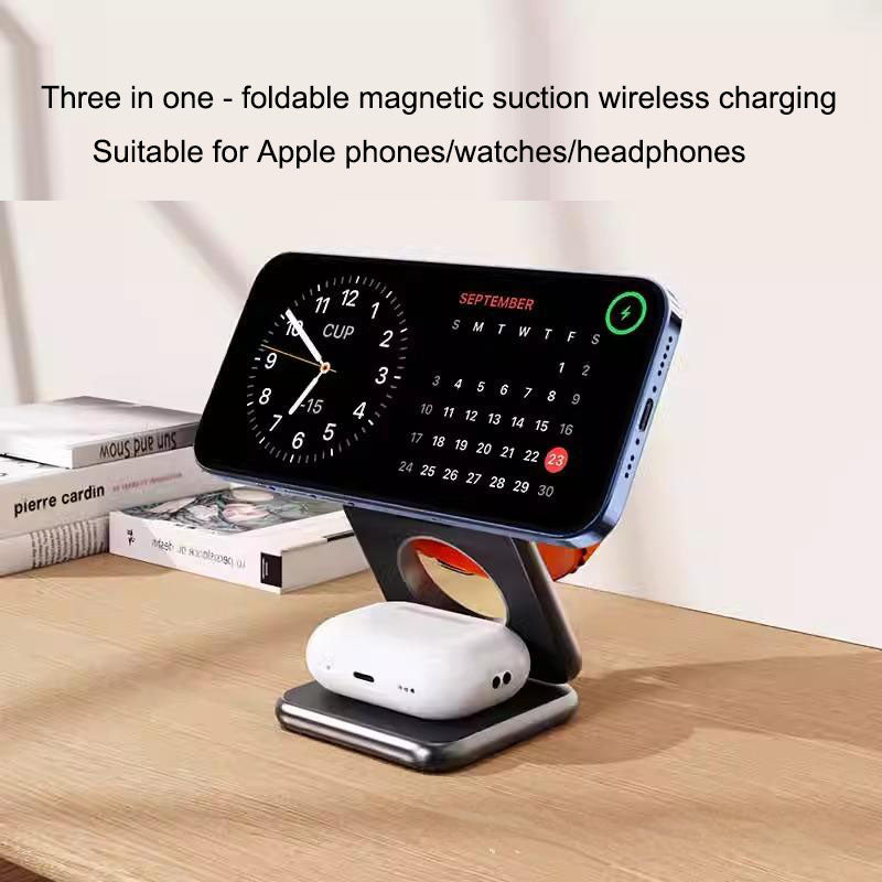 Three in one wireless charger with foldable magnetic suction suitable for iPhone wireless charging, phone holder desktop