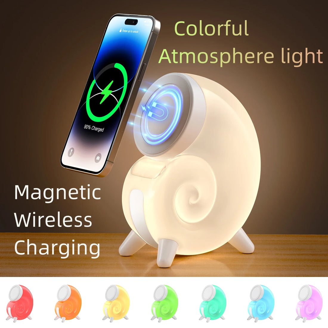 Conch Shaped Magnetic Suction Wireless Charger with Colorful Ambient Light – Suitable for Apple iPhone 15, 14, 13, 12 Series